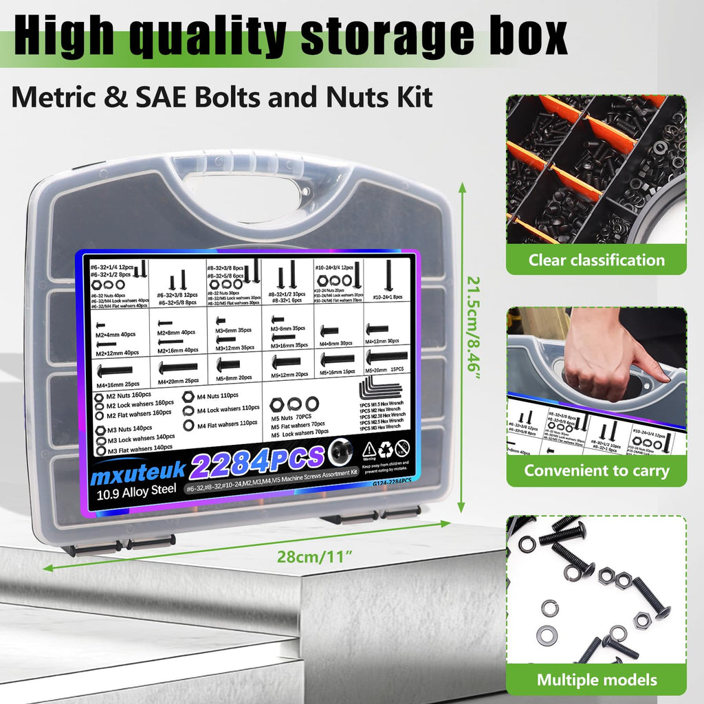 mxuteuk Machine Screws Assortment Kits,#6-32#8-32#10-24 M2 M3 M4 M5 SAE & Metric Screws Assortment Kits,10.9 Alloy Steel Hex Socket Button Head Nuts and Bolts Kit with 4 Hex Wrench(2284PCS)