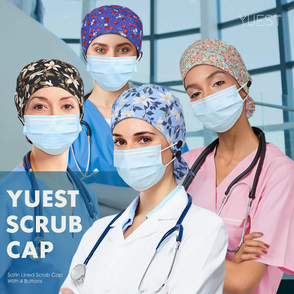 2 Pack Satin Lined Scrub Caps with Buttons & Sweathand, Surgical Caps for Women