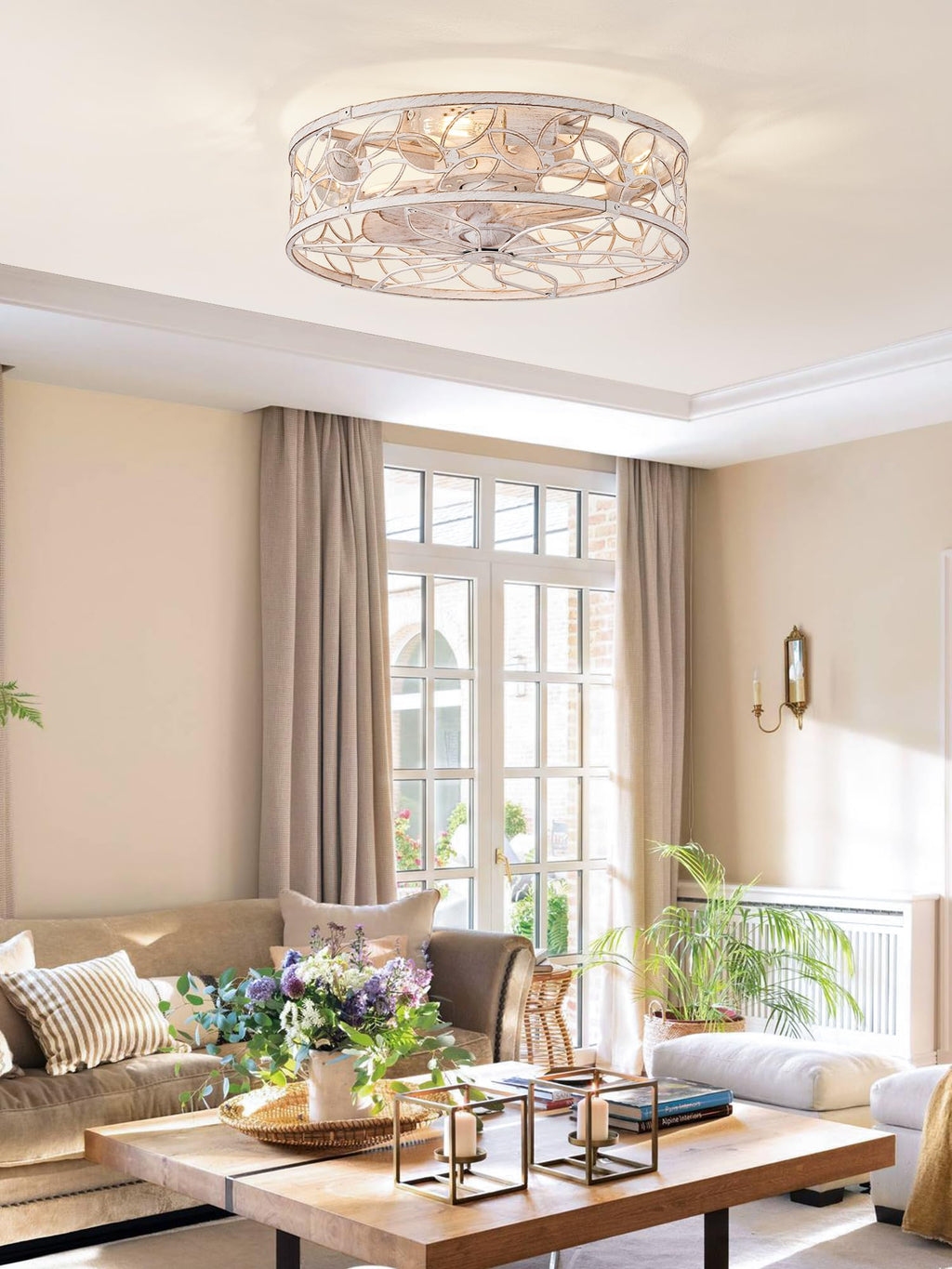 LEDIARY Caged Ceiling Fan with Light, Flush Mount Fandalier with Remote
