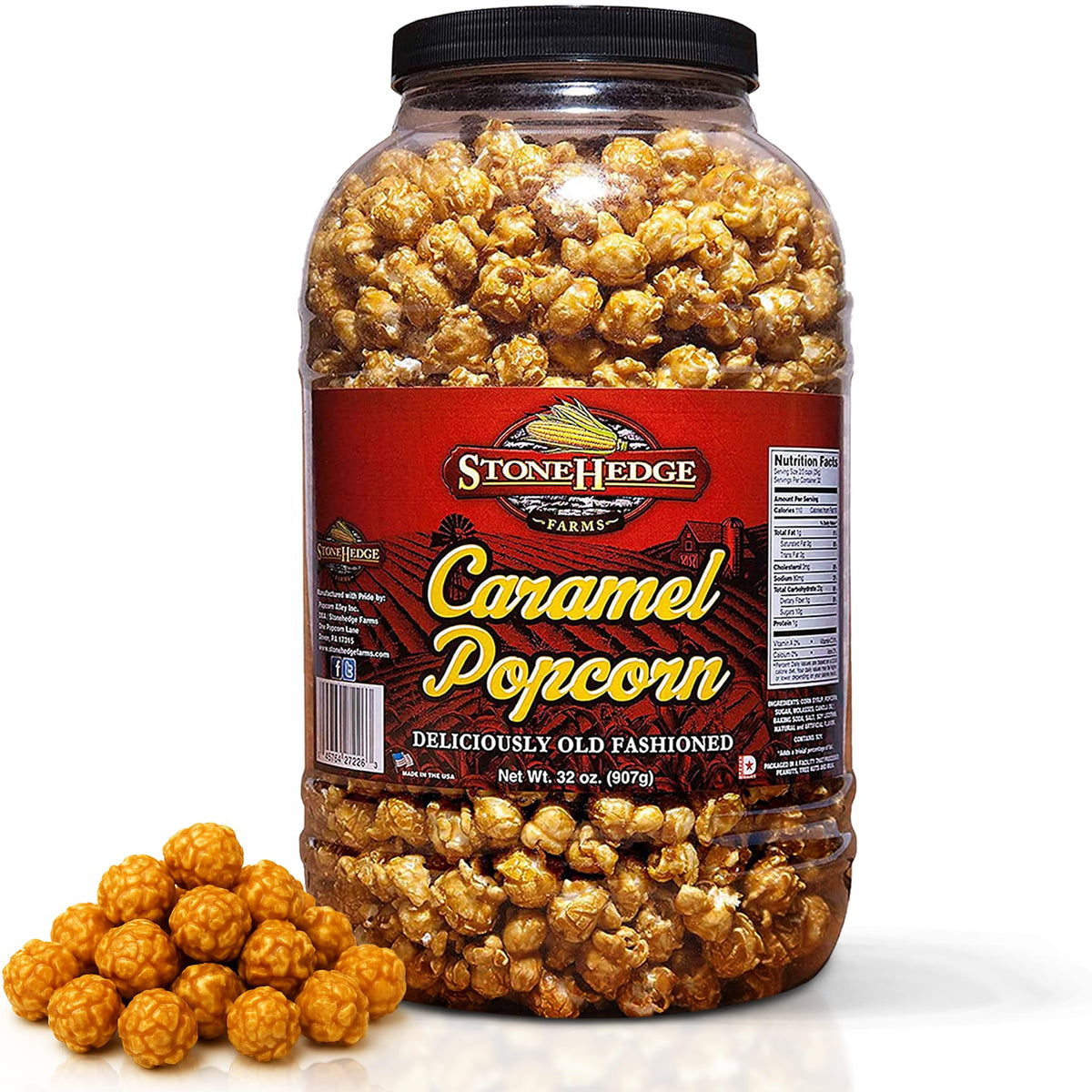 Stonehedge Farms Caramel Flavored Popcorn | 32 oz Large Tub | Perfect for Holidays and Christmas | Bulk Gourmet Popped Sweet Snacks | Carmel Pop Corn | 2 Pound Gift