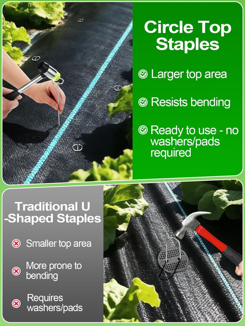 12 Inch Landscape Staples with Hook & Hammer - 60pcs Circle Top Weed Barrier Stakes Kit, 9 Gauge Galvanized Rust-Resistant Garden Fabric Pins, for SOD, Garden Edging, Install & Remove Tools Included