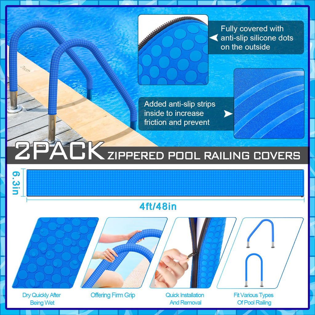 2 Pack Neoprene Pool Handrail Covers, 4 Foot Swimming Pool Hand Railing Covers with Enhanced Zipper Slip Resistant Anti-Scald Safety Rail Grip Handles Sleeve for Inground Swimming Pool Ladder Handles