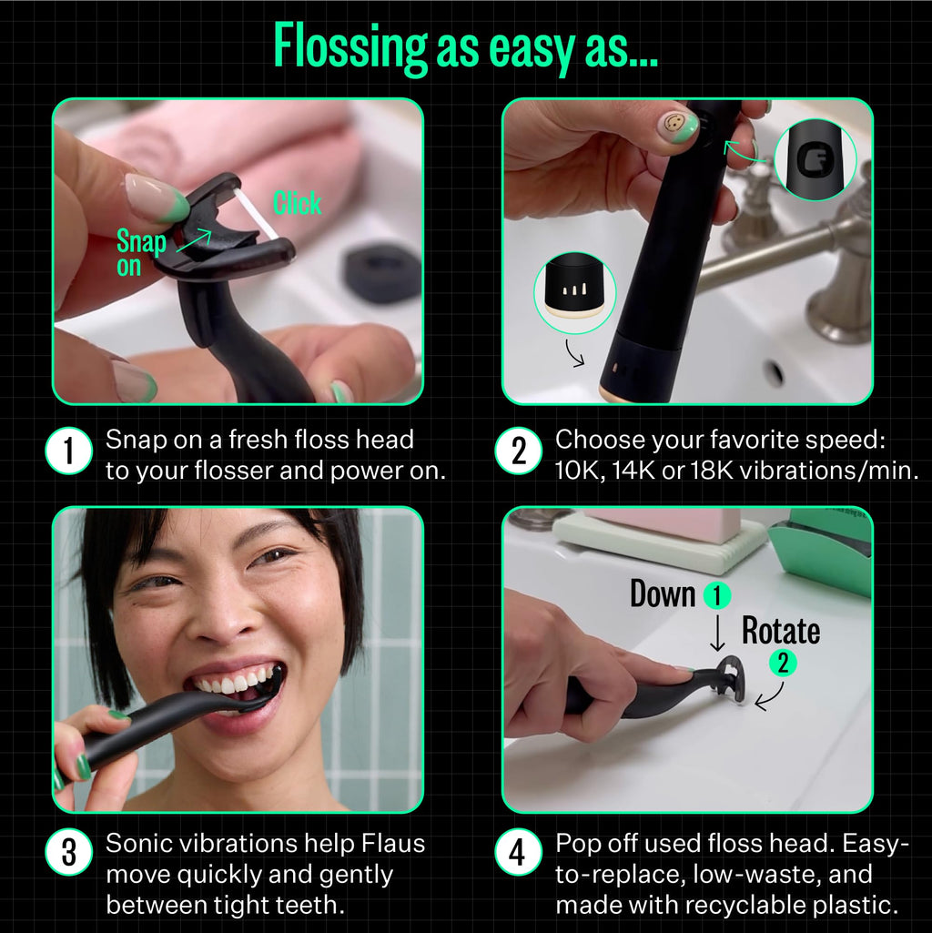 FLAUS Electric Flosser (Extra Strength Woven) - Shark Tank + Oprah's List - Water Floss Alternative - Plaque Remover for Adult- Easy Vibration Flossing - Safe Portable Gum + Teeth Cleaning Tool