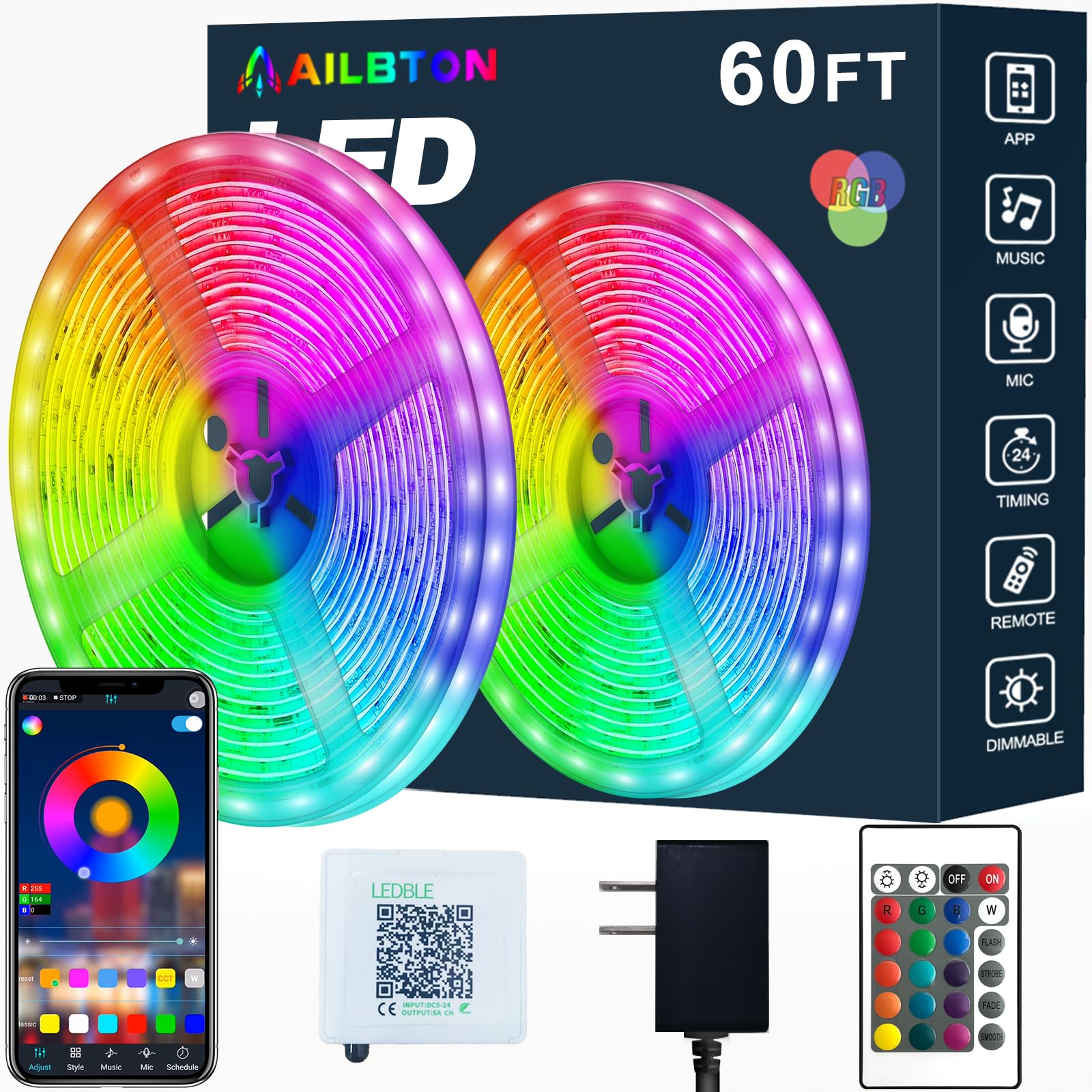 AILBTON Led Strip Lights,60ft Music Sync Color Changing, Built-in Mic,Bluetooth App Control LED Tape Lights with Remote,5050 RGB Rope Light Strips