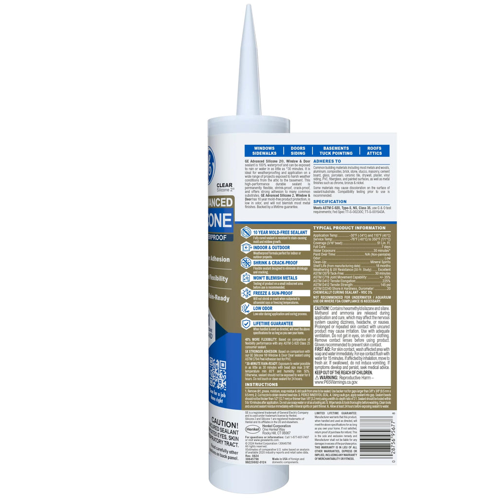 GE Advanced Silicone Caulk for Window & Door, Clear, 10 fl oz Cartridge, 12 Pack - 100% Waterproof Silicone Sealant, 5X Stronger Adhesion, Shrink & Crack Proof
