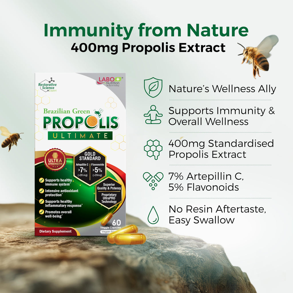 LABO Nutrition Brazilian Green Propolis Ultimate - Contains >7% or 28mg per Serving Artepillin C & >5% Flavonoids, for Immune & Brain Support, Natural, High Concentrate & Premium, 60 Veg Capsules