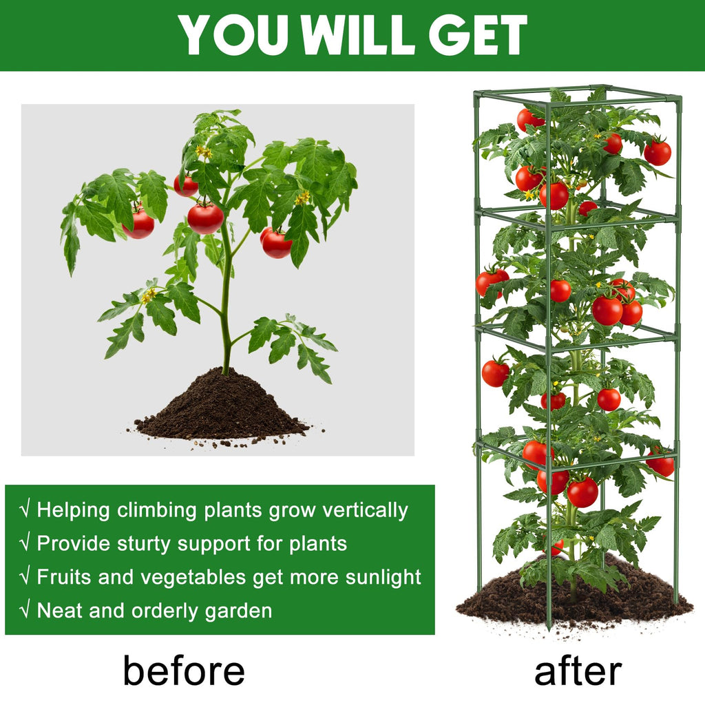 3 Pack Tomato Cage, 14.5" W x 53" H Square Tomato Trellis with 50 Pcs Clips