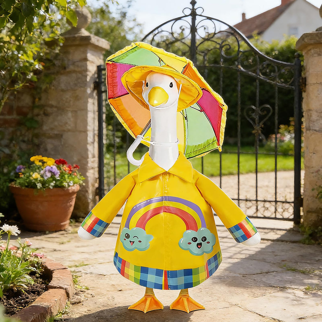 Raincoat Porch Goose Outfits,3 Pcs Waterproof Goose Outfit with Hat, Umbrella,and Raincoat,Funny Summer Lawn Goose Clothes,23" Yellow Cement Goose Statue Costume for Garden Patio Yard Decoration
