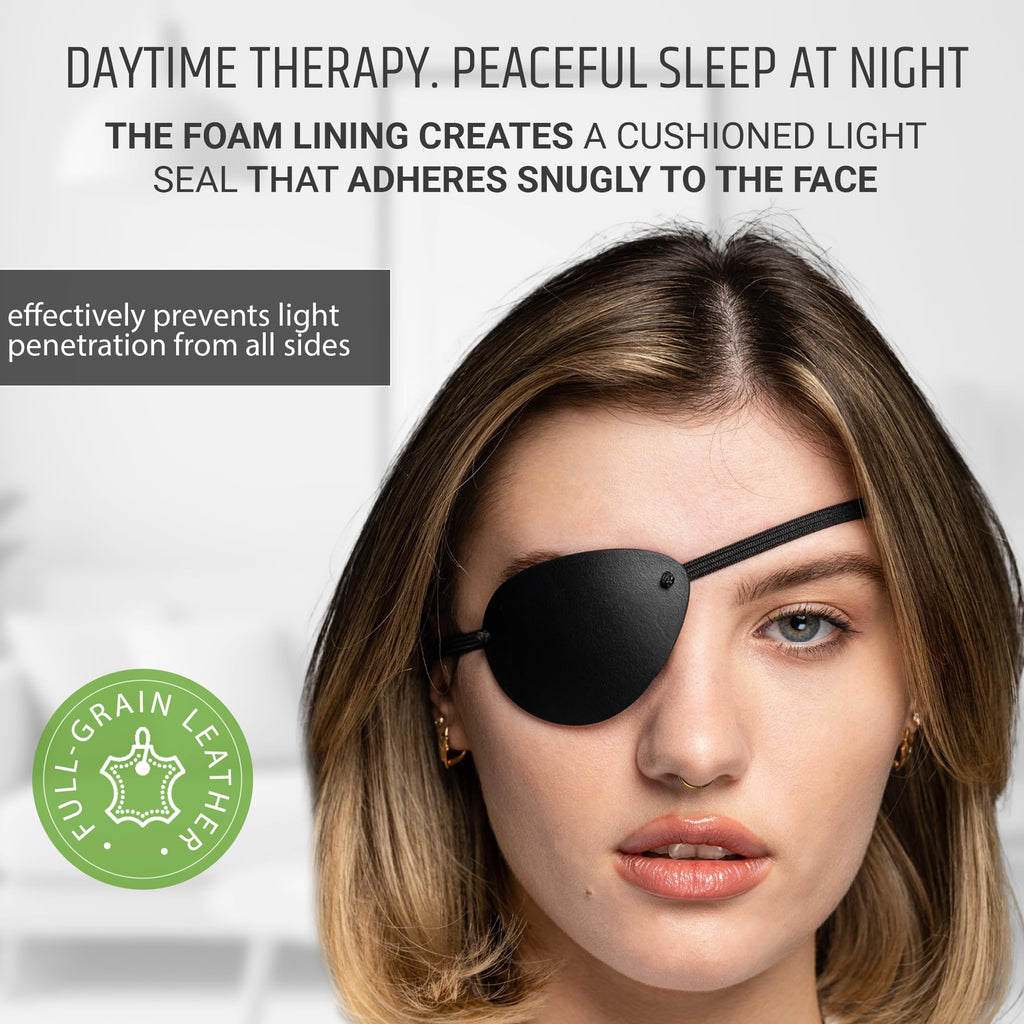 Premium Handmade Leather Eye Patch with Soft Foam Padding, Adult Slim Eye Patch for Men and Women for Lazy Eye Therapy, Cosplay, and Pirate Costume (Black)