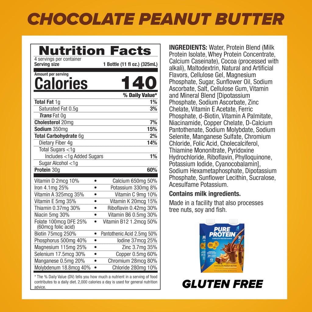 Pure Protein Complete Protein Shake, Chocolate Peanut Butter, 30g High Protein Drink, Less than 1g Sugar, 3g Fiber, Ready to Drink, Non GMO, On-the-Go Shakes, 11oz Bottles, 12 Pack