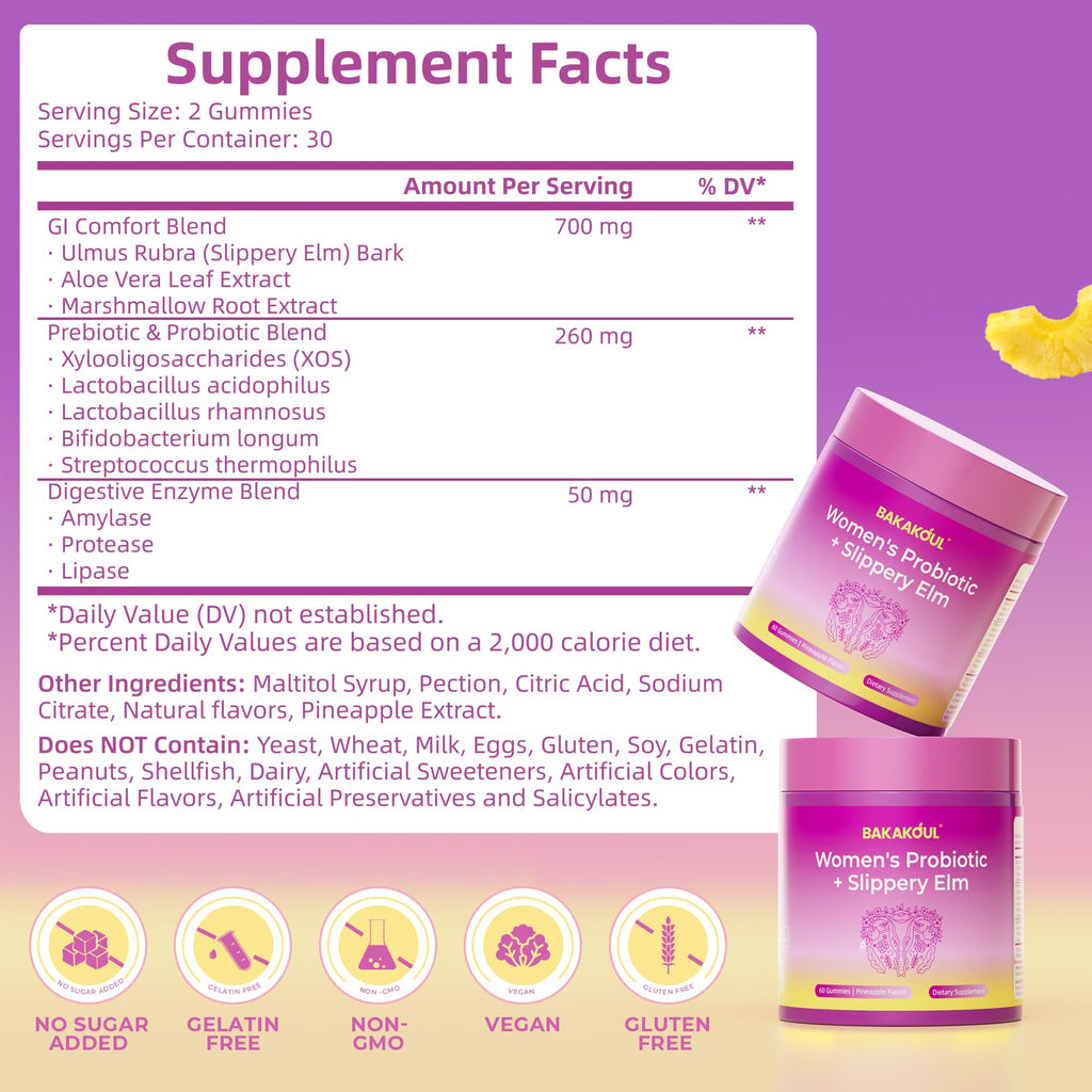 BAKAKOUL Feminine Probiotics Gummies for Women, Vaginal Probiotics with Slippery Elm,Prebiotics & Probiotics Supports pH Balance,Immune Health, Vegan, Non-GMO, Pineapple Flavor,120 Gummies 2 Pack