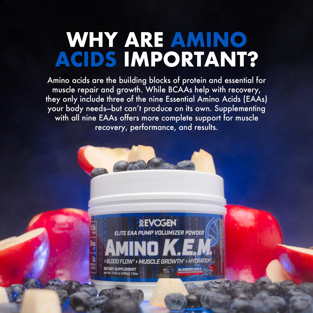 Evogen Amino K.E.M. - EAA & BCAA Powder Pump Volumizer | BCAAs Amino Acids Supplement for Blood Flow, Muscle Growth, & Hydration | Blueberry Apple | 30 Servings