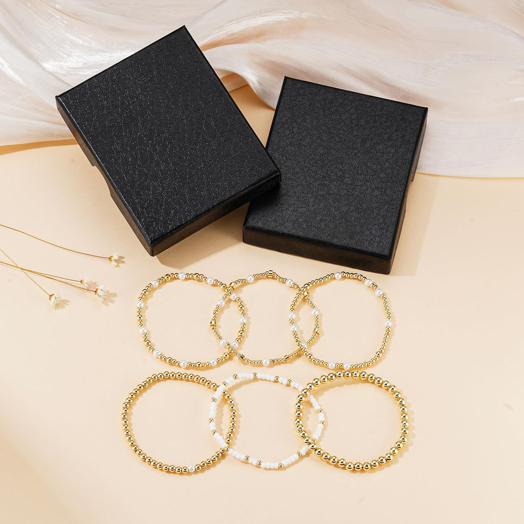 Turandoss 6PCS Gold Beaded Bracelets Set for Women, 14K Gold Plated