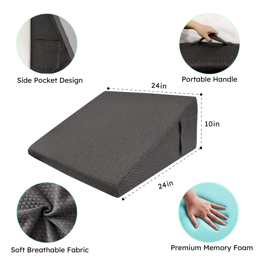 Bedluxe Wedge Pillow, 10 inch Bed Wedge Pillow, Elevated Body Pillow for Back Support, Acid Reflux, Leg, Neck Pain, Snoring, Triangle Pillow Wedge - Cooling Memory Foam Top, Dark Grey