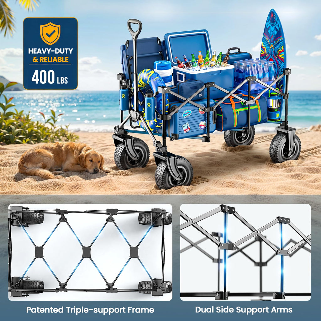 All-Terrain Beach Wagon with 10" x 3.5" Big Inflatable Rubber Wheels for Sand, 220L Collapsible Utility Wagon, 400 lbs Heavy Duty Folding Cart with 2 Cup Holders for Camping, Sports, Garden, Black