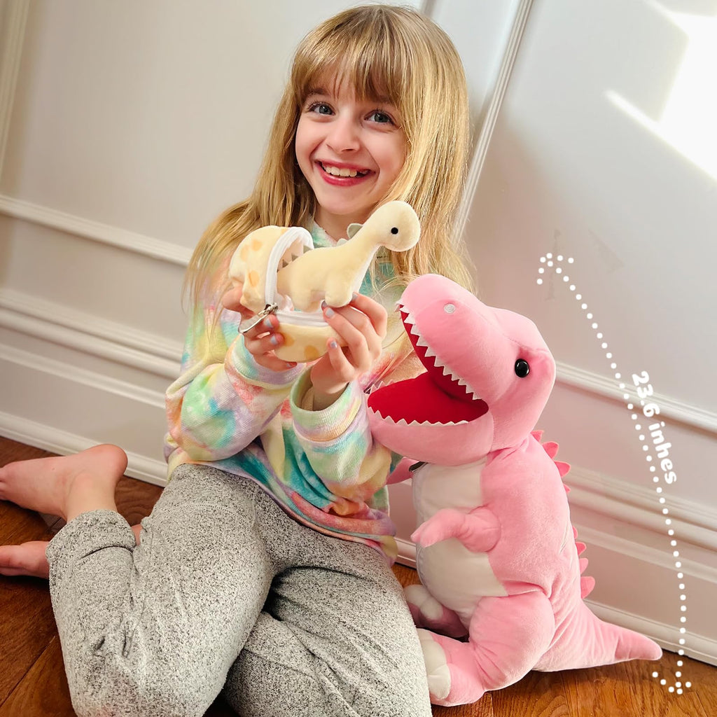MorisMos Dinosaur Stuffed Animal with Babies, Eggs, Pink, Girl Dinosaur Toy