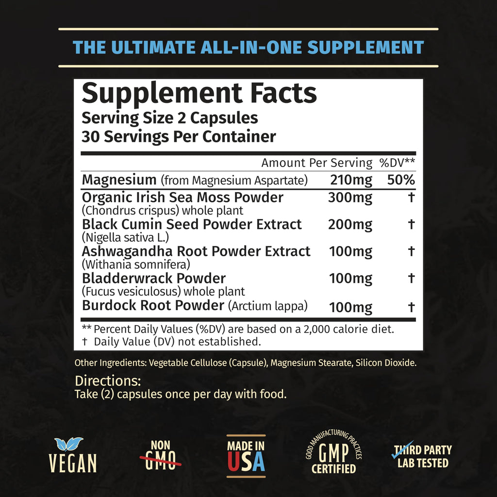 Rooted Origins Sea Moss Capsules – Irish Sea Moss Advanced, Magnesium, Ashwaghanda, Black Seed Oil, Burdock Root & Bladderwrack – Immune Support, Gut Health, Energy, & More – 60 Capsules