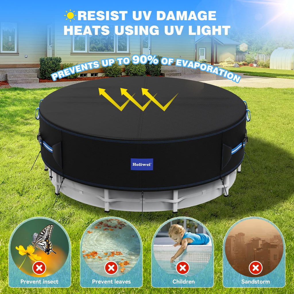Holiwei 24 Ft Round Pool Cover with Reflective Strips, 420D Swimming Pool Cover for Above Ground Pools, Solar Cover with Drawstring and Ground Nails for Dustproof, UV Protected