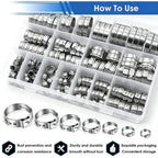 Seept 170Pcs 13 Sizes 304 Stainless Steel Single Ear Hose Clamps 5.3-31.6mm Crimp Hose Clamps Assortment Kit Perfect for Automotive/Home Appliance/Water Pipe and Fuel Line