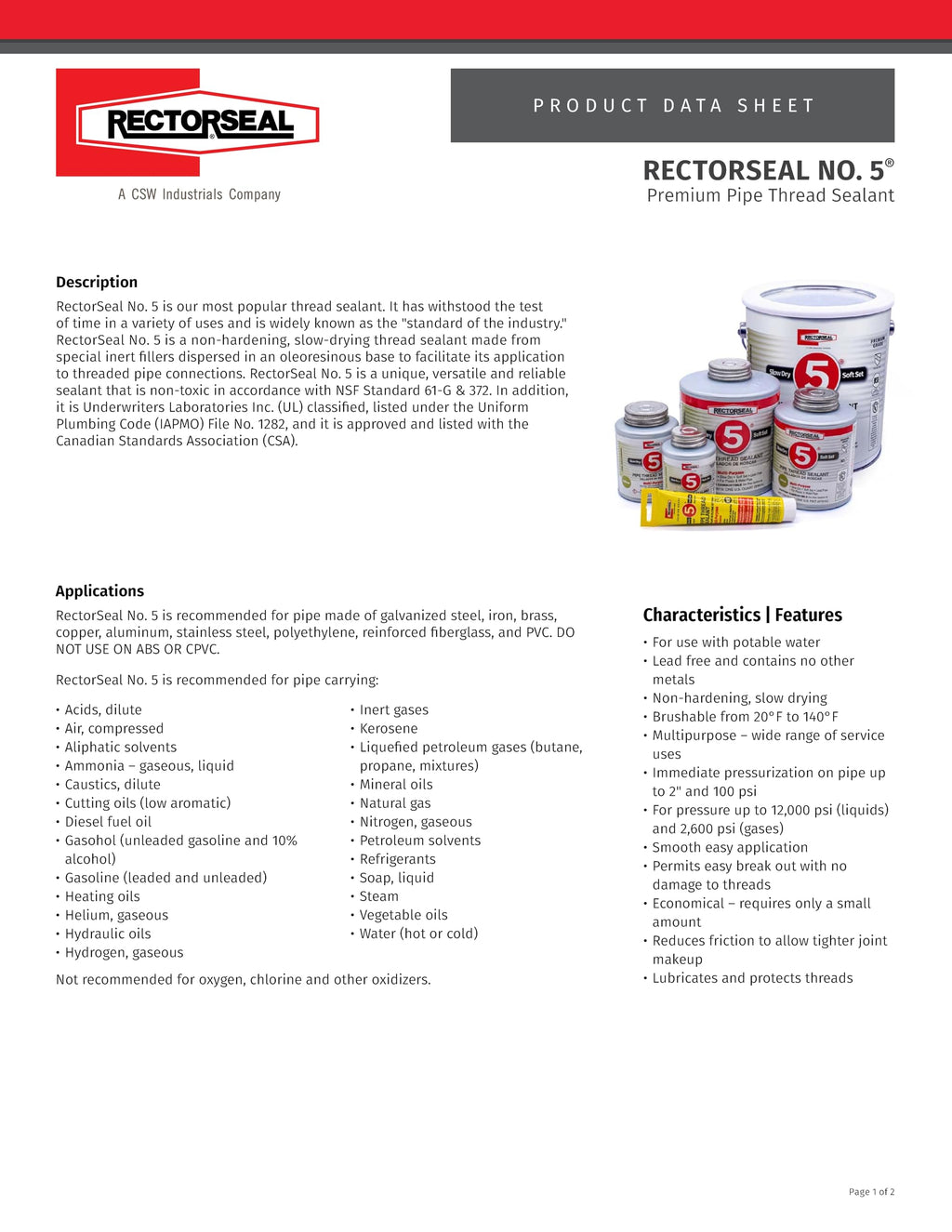 RectorSeal No. 5 25790 Pipe Thread Sealant, Lubricates & Protects Threads, Soft Setting, Slow Drying, & Permits Easy Breakout and Contains No Other Metals, 1.75 oz
