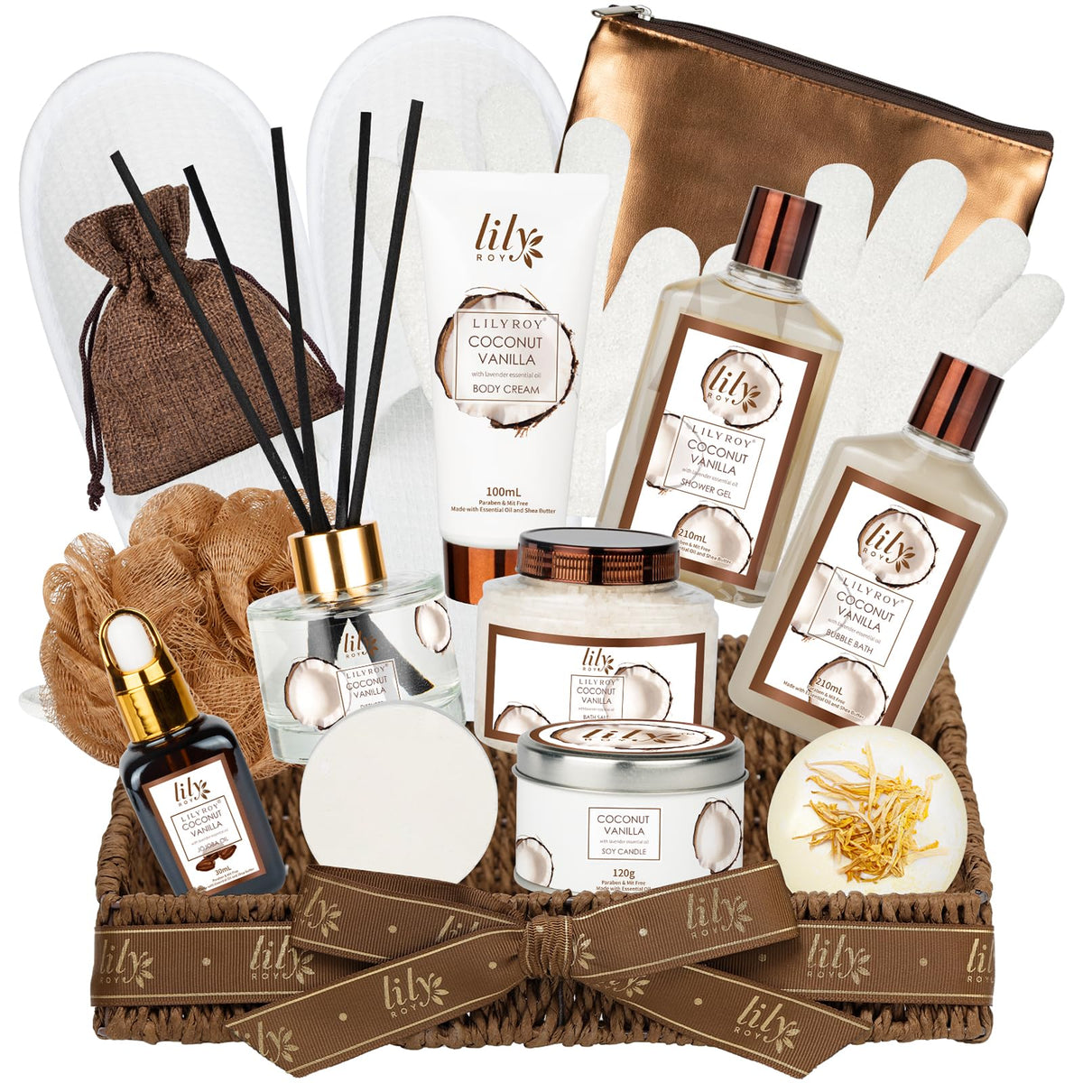 Coconut Vanilla Spa Gift Set, Complete Spa Gift Baskets for Women & Men