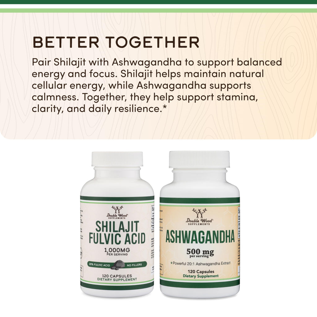 Shilajit Pure Himalayan Capsules (20% Fulvic Acid Supplement) 1,000mg of Authentic Shilajit Extract per Serving, 120 Count (High in Trace Minerals, No Fillers) by Double Wood (Pack of 2)