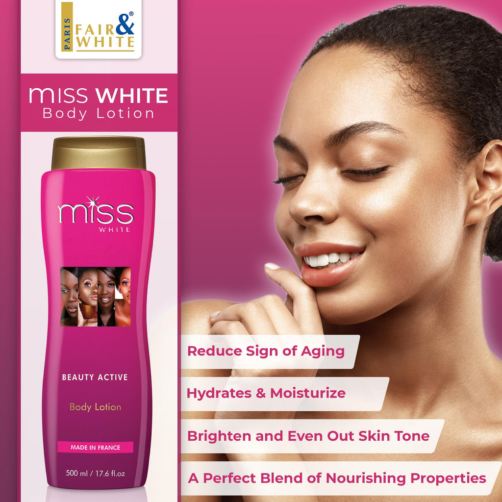 FAIR & WHITE-Miss White, Skin Brightening Body Lotion – 13.5 Fl oz / 500 ml – Moisturizing, Hydrating Lotion, Helps to Reduce pigments on: Body, Elbows, Knees and Armpits