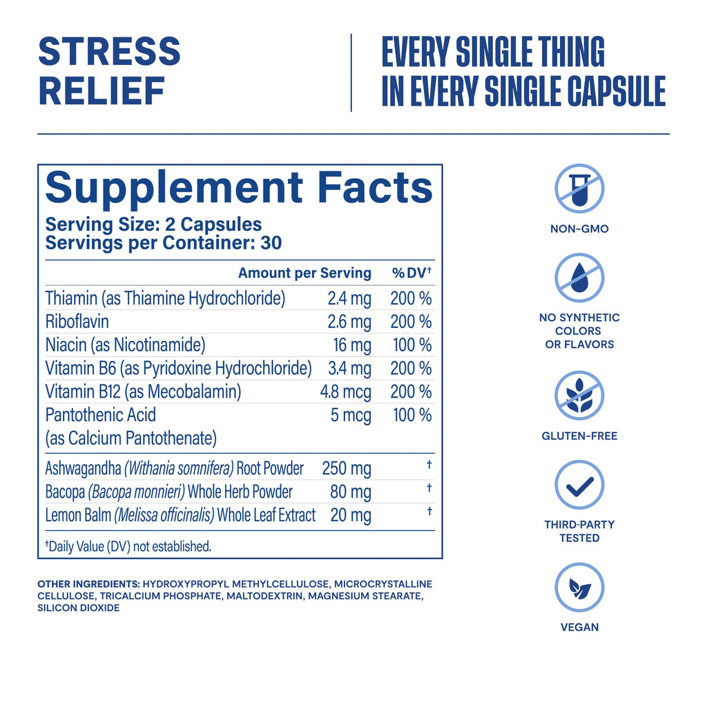 Habit Stress Relief Supplement 2 Pack (120 Capsules) - New Look, Supports Relaxation & Mood Balance, Vitamin B, Adaptogens, Lemon Balm, Calming, Vegan, Non-GMO