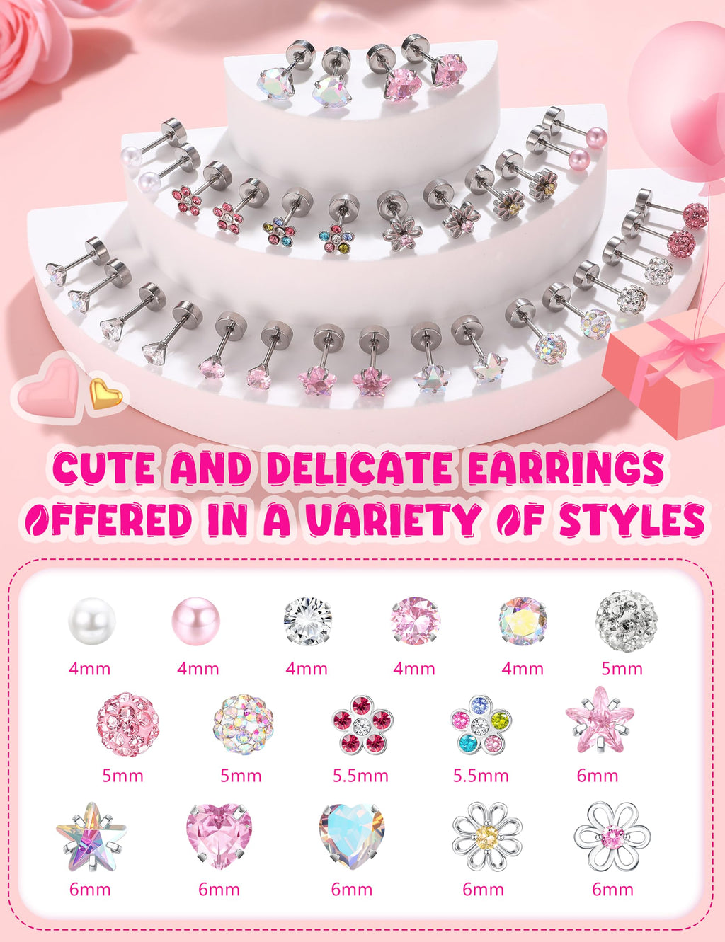THUNARAZ 16 Pairs Hypoallergenic Earrings for Girls Kids Flat Back Studs