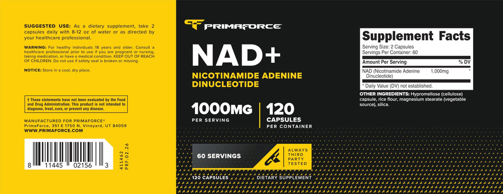 Primaforce NAD+ Nicotinamide Supplement (1,000mg) 120 Capsules, 60 Servings
