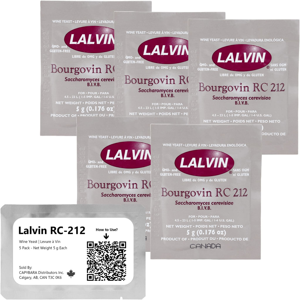 Lalvin RC-212 Wine Yeast (5 Pack) - Make Wine Cider Mead Kombucha At Home - 5 g Sachets - Saccharomyces cerevisiae - Sold by CAPYBARA Distributors Inc.