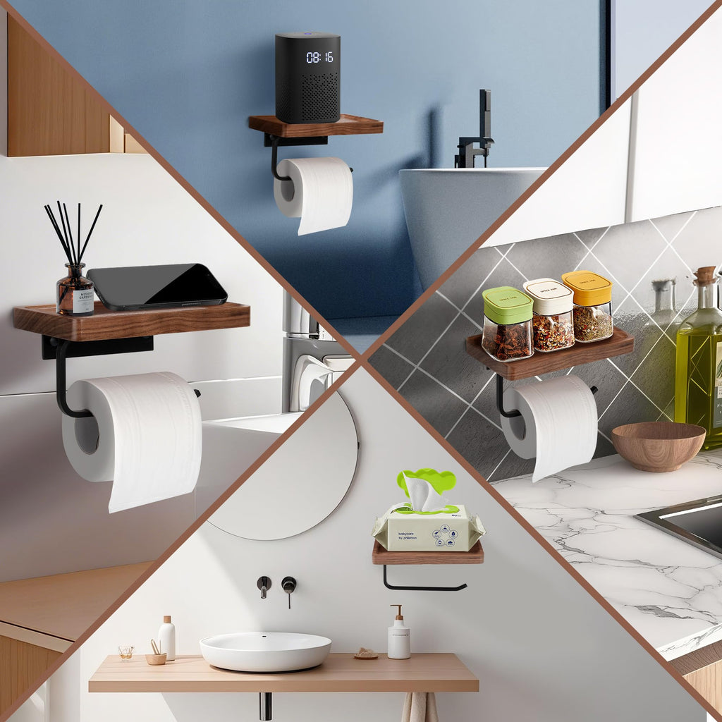 TOKCKYBL Toilet Paper Holder Walnut Wood Shelf - Wall Mount & Self-Adhesive