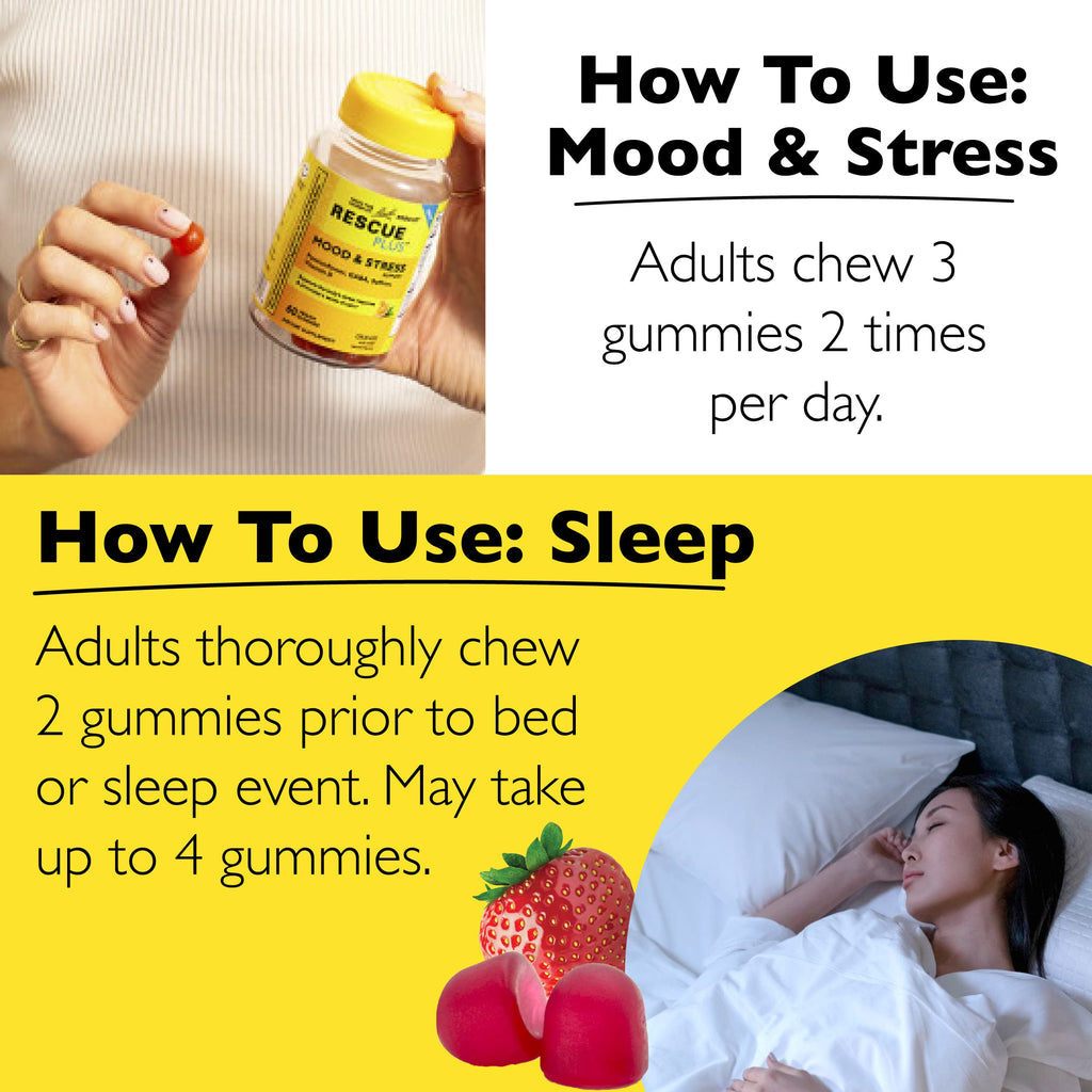 Bach RESCUE Plus Sleep Gummies with 5mg Melatonin/dose [and] Bach Plus Mood & Stress Support Gummies with Key Nutrients and Botanicals - 2PK Dietary Supplements, 60Ct Each