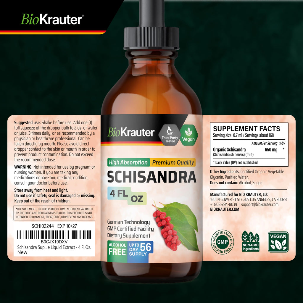 BIO KRAUTER® Schisandra for Calm & Relaxation - Pure Vegan Mood Support Supplement - Liquid Schisandra Berry 4 Fl.Oz - Natural Calm Drops 650 mg per Serving, 56-Day Supply, Alcohol & Sugar Free