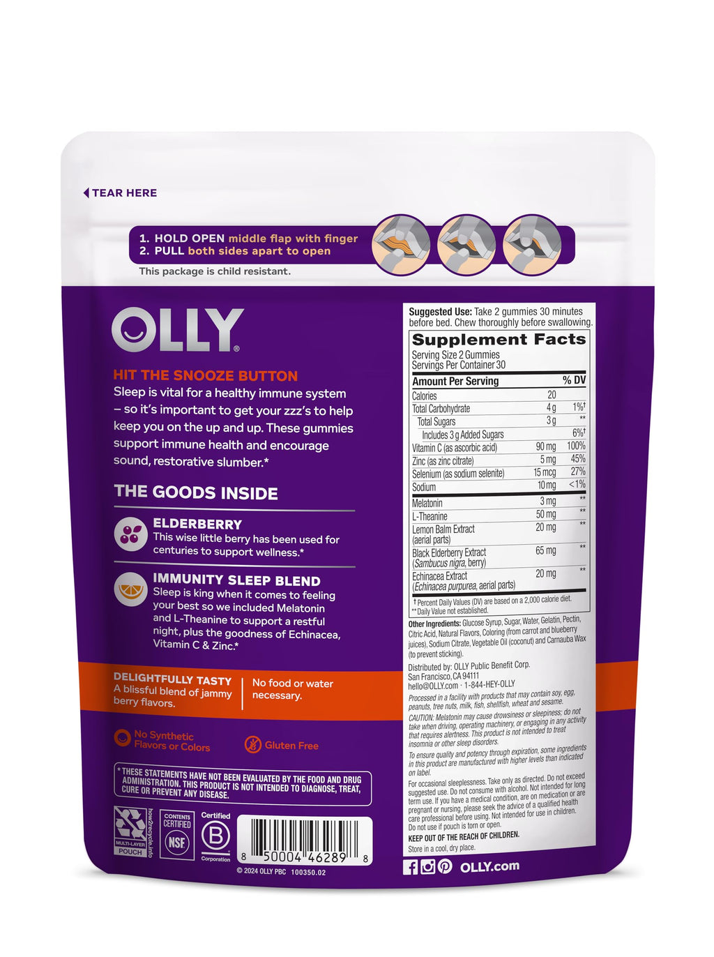 OLLY Immunity Sleep Gummy, Immune and Sleep Support, 3mg Melatonin, Echinacea, Zinc, Vitamin C, Chewable Supplement, Berry - 60 Count