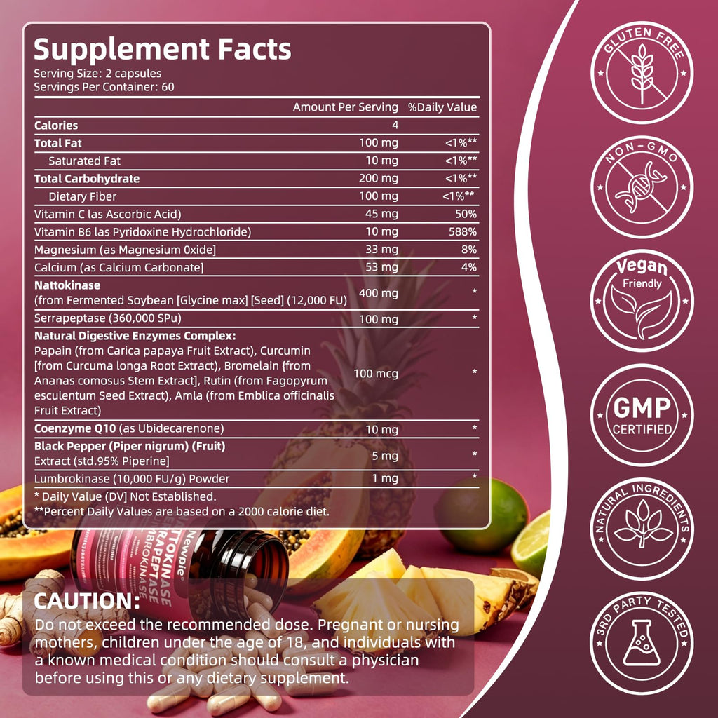 Nattokinase Supplement 12,000 FU - Systemic Enzymes Complex with Serrapeptase, Lumbrokinase & CoQ10 - Supports Cardiovascular Health, Blood Flow & Circulation - 120 Non-GMO Vegetarian Capsules