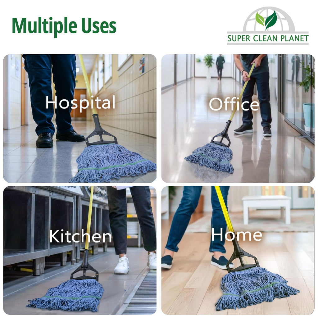Super Clean Planet Heavy Duty Mop Head Refill (3-Pack) – Industrial Blue Cotton, Looped-End Wet Mop Heads for General, Commercial, Janitorial & Floor Cleaning