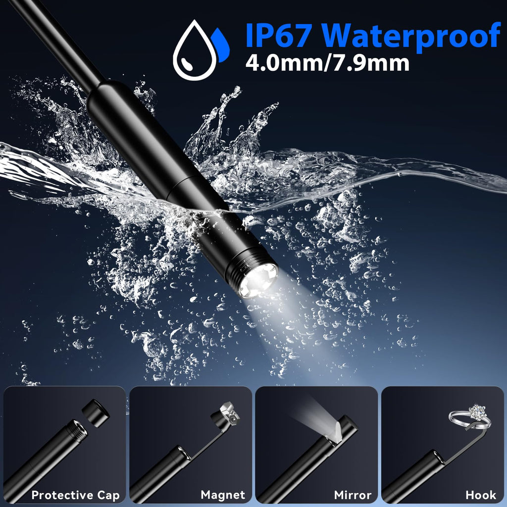 Endoscope Camera with Light, 1920P HD Borescope Tools with 8 Adjustable LED Lights, 9.8FT Semi-Rigid Snake Cord IP67 Waterproof Inspection Camera for iPhone, iPad, iOS and Android Phone