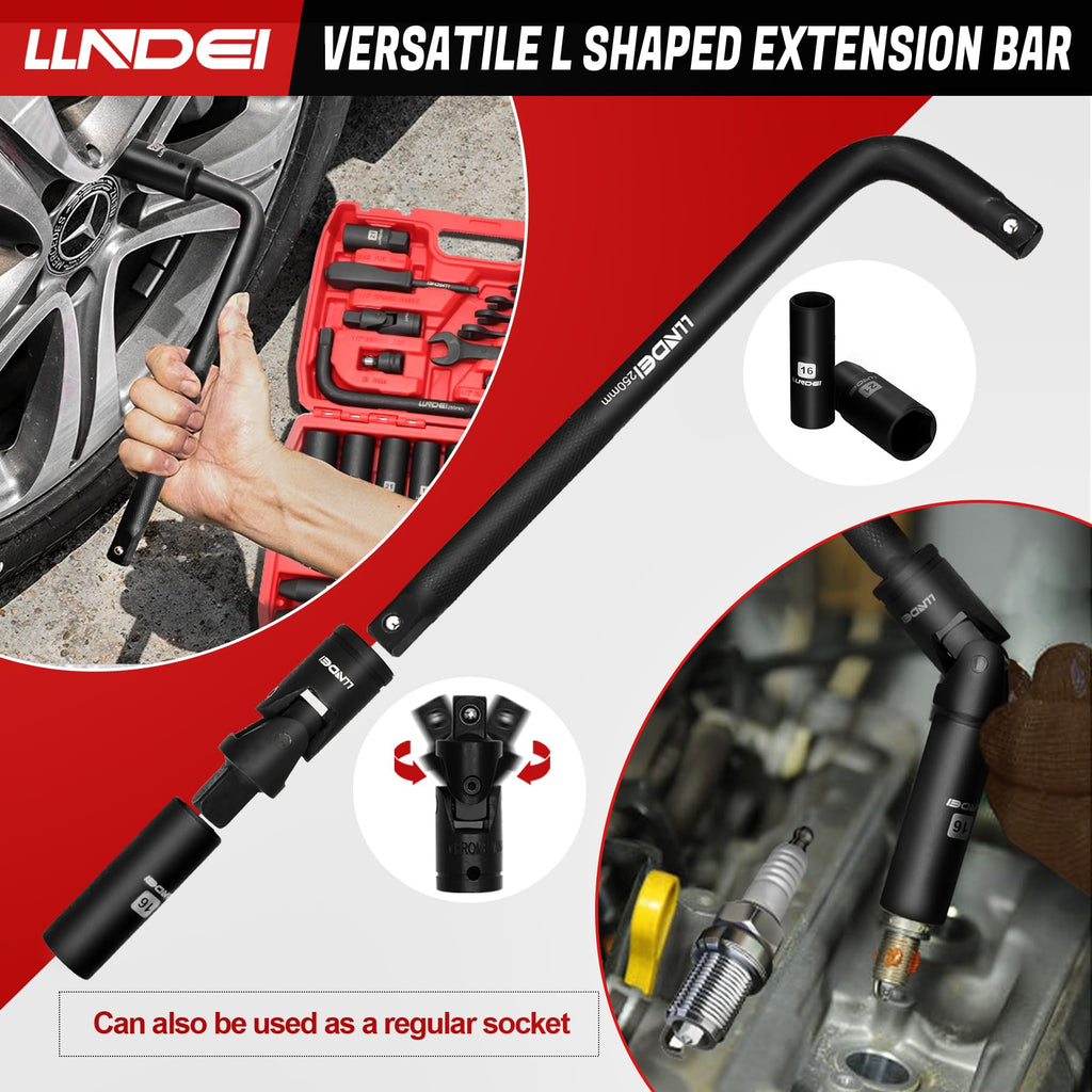 LLNDEI 1/2" Dr. Ratchet Impact Socket Wrench Set,Deep Sockets(8-24mm),Spark Plug Socket(16,21mm),49PCS, CR-V, Metric, With Combination Wrenches (8-17mm)