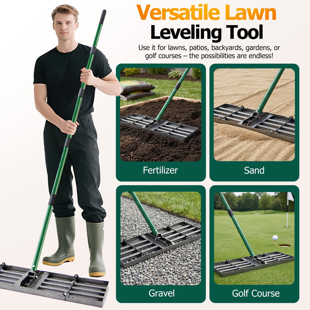 30"x10" Lawn Leveling Rake, Heavy Duty Lawn Leveler with 33"-77" Adjustable Handle, Foldable Ground Leveling Tool for Soil, Sand, Gravel, Ergonomic Design for Lawns, Golf Courses and Backyards