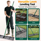 30"x10" Lawn Leveling Rake, Heavy Duty Lawn Leveler with 33"-77" Adjustable Handle, Foldable Ground Leveling Tool for Soil, Sand, Gravel, Ergonomic Design for Lawns, Golf Courses and Backyards