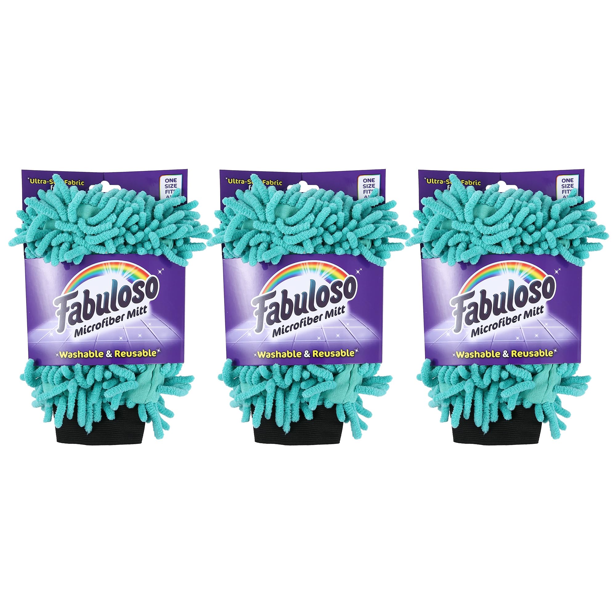 Fabuloso Microfiber Cleaning Mitt Glove, Lint-Free Scratch-Free Dusting and Washing for Furniture, Blinds, Baseboards, Shelves and Car Interior, One Size Fits All, Teal, 3-Pack