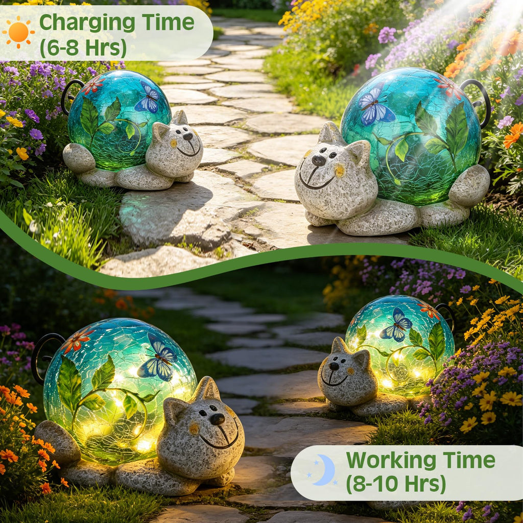 Solar Garden Outdoor Statue, Resin Cat Statues with Crackled Glass Globe