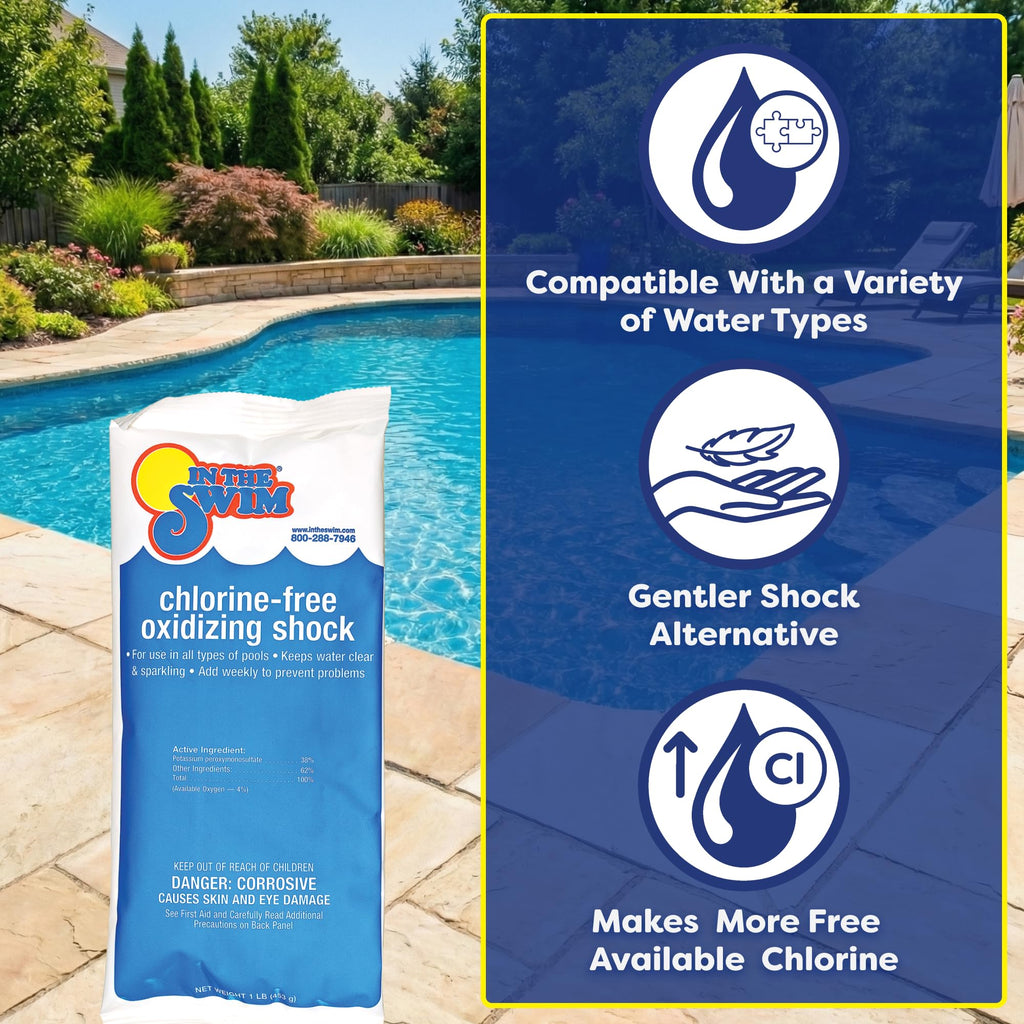 In The Swim Chlorine-Free Pool Shock – Quick Dissolving, Fast-Acting, Shock-Oxidizer for Swimming Pools, Spas, and Salt Chlorinated Pools Compatible - 12 x 1 Pound Bags