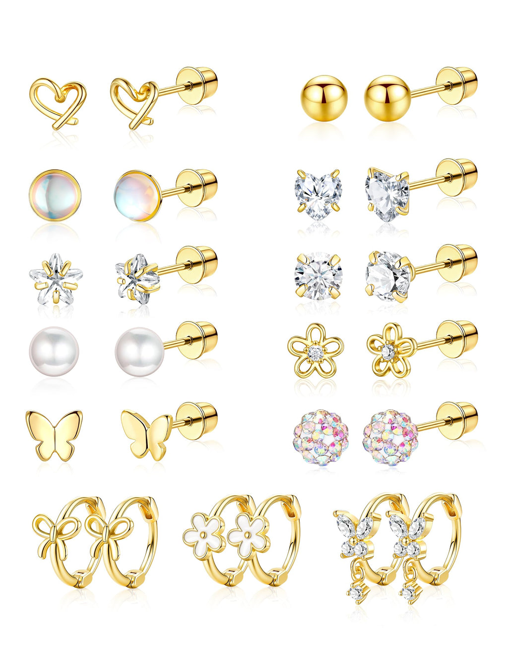 Hypoallergenic Surgical Stainless Steel Earrings for Girls Kids Jewelry - Screw Back Earrings for Sensitive Ears Cute Flower Heart Pearl bow Earrings for Women