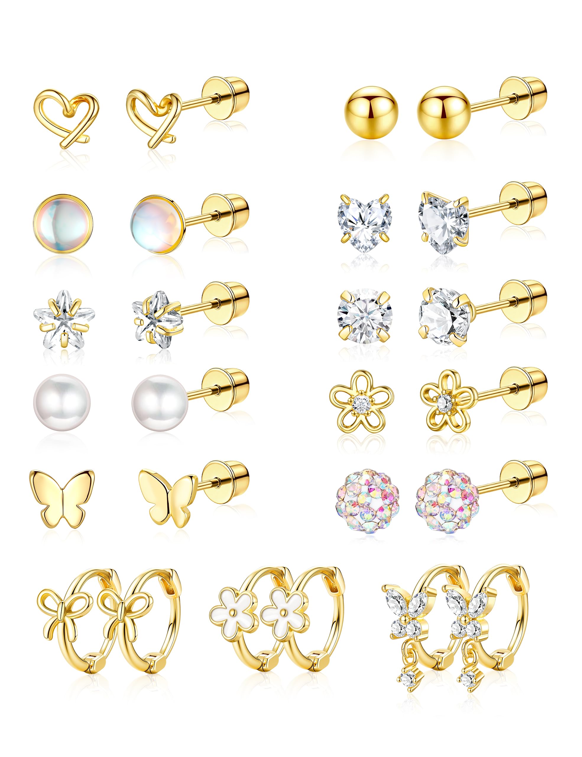 Hypoallergenic Surgical Stainless Steel Earrings for Girls Kids Jewelry - Screw Back Earrings for Sensitive Ears Cute Flower Heart Pearl bow Earrings for Women