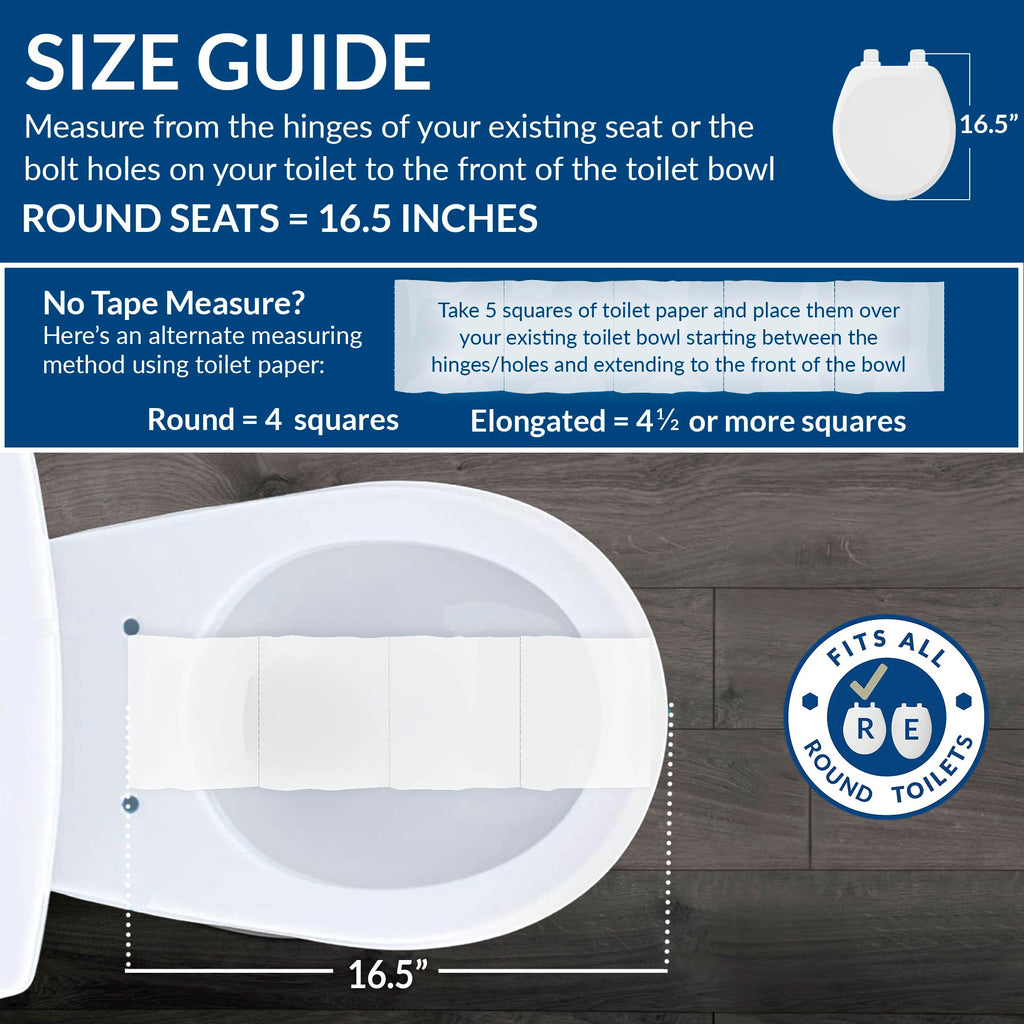 Mayfair Bennett Toilet Seat with Chrome Hinges, Slow Close Wood Seat, Secure Metal Hinges, Easy Install, Made in USA, Round, White