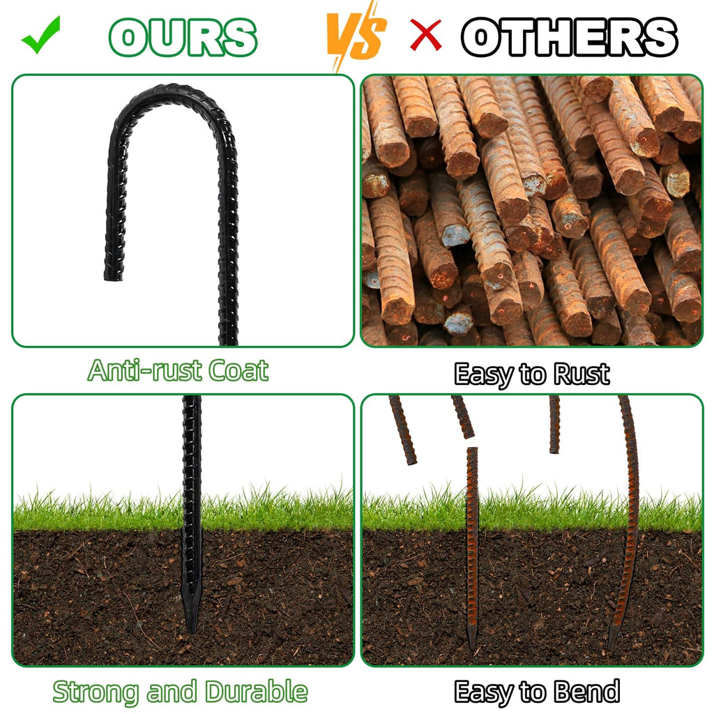 Hacaroa 20 Pack 12 Inch Rebar Stakes Heavy Duty, J Hook Ground Anchors Metal Tent Stakes, Steel Garden Stake for Camping, Canopies, Chain Link Fences, Trampolines, Black