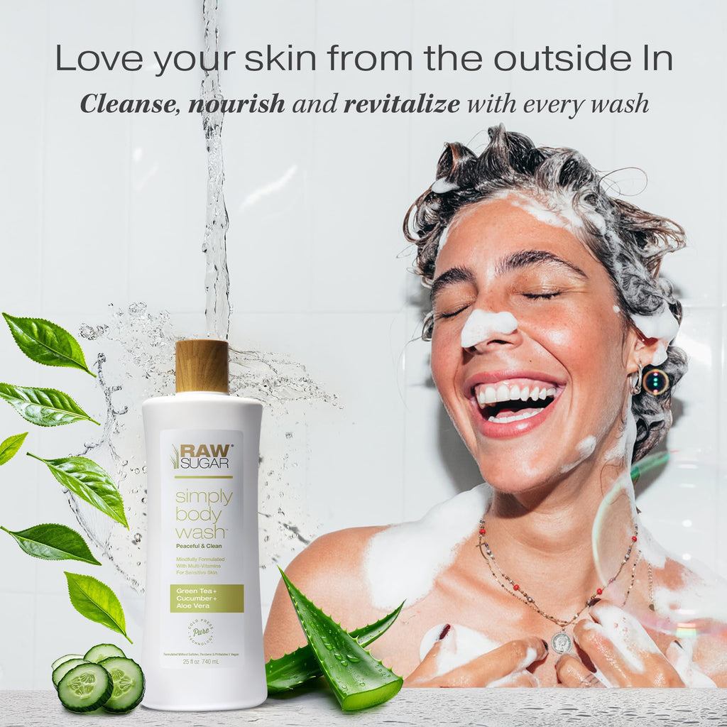 RAW SUGAR Green Tea Aloe Soother Gentle & Hydrating Body Wash, 20 Fl Oz (Pack of 3), Gentle & Soothing Bath & Shower Gel, Sensitive Skin-Friendly, Vegan, Formulated without SLS/SLES & Parabens