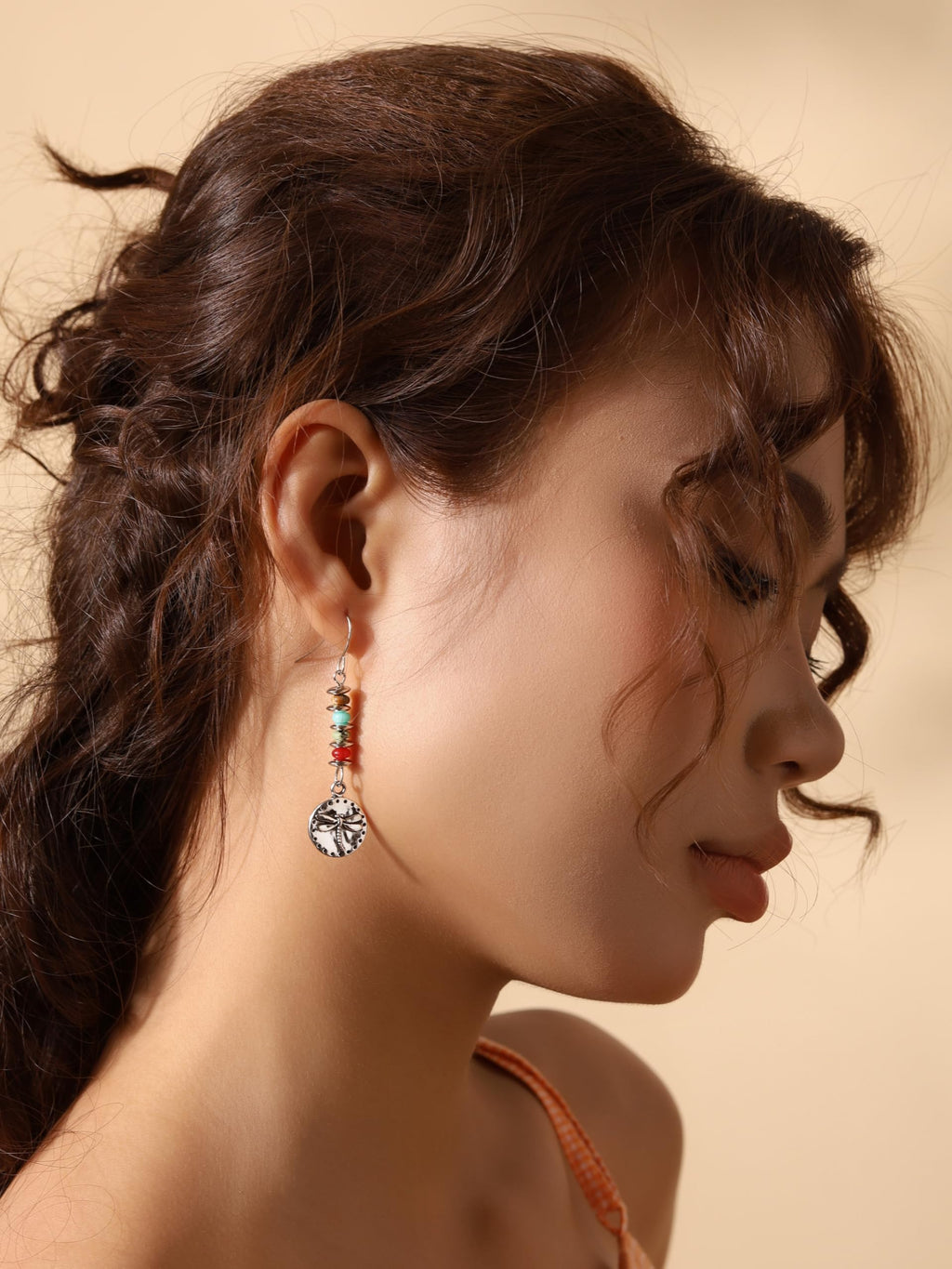 MINACHI Boho Dragonfly Silver-Tone with Stone Bead Accent Dangle Earrings